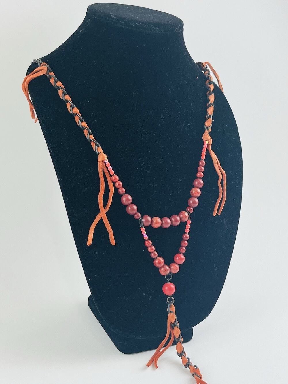 Annie Costello Brown necklace Orange Suede Leather Beaded Twisted Lariat Y Drop
